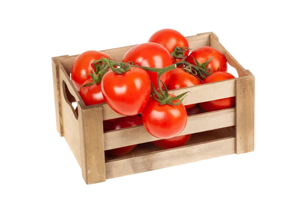 Tomates Frescos Una Caja Madera Aislada Sobre Fondo Blanco — Foto de Stock