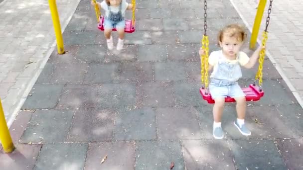 Dwie Małe Siostry Bawiące Się Placu Zabaw Braterskie Bliźniaczki Kołyszące — Wideo stockowe