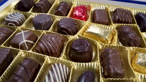 Box Chocolate Bonbon Rotating Close Mixed Chocolates — Stock Video