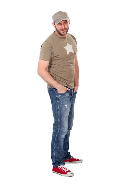 Hombre Con Sombrero Camiseta Jeans Pie Aislado Sobre Fondo Blanco — Foto de Stock