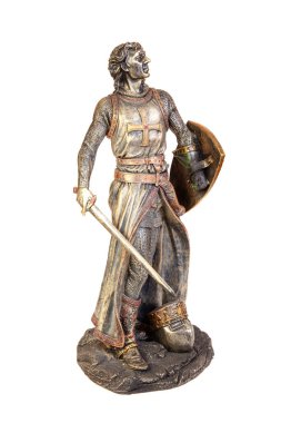 Tapınak şövalyesinin bronz heykeli, beyaz tenli.