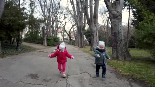 Twee Kleine Meisjes Rennen Het Park Gelukkige Zussen Veel Plezier — Stockvideo