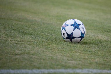 Varna, BULGARIA - 11 Ağustos 2017: Çimlerin üzerinde resmi Adidas Şampiyonlar Ligi topu. Adidas spor ayakkabısı, giysi ve aksesuar üreten bir Alman şirketidir.