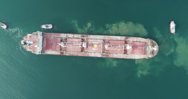 Aerial Top View Tug Boats Assisting Big Cargo Ship Large — Stock Video