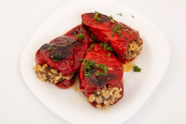 Red Peppers Stuffed Meat Rice Filled Peppers White Plate — Stock Photo, Image