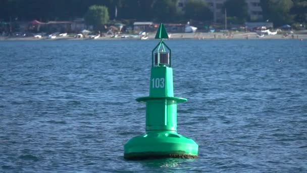 Large Green Buoy Sea Slow Motion — Stock Video