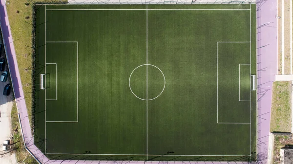 Luchtfoto Van Groen Voetbal Voetbalveld Bovenaanzicht Een Groen Leeg Voetbalveld — Stockfoto