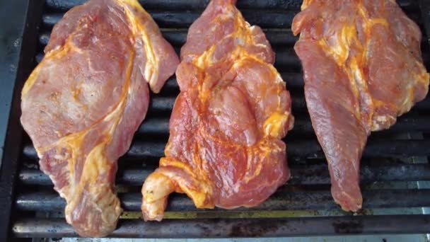 Bifes Porco Grelhados Deliciosos Bifes Carne Suculentos Cozinhando Grelha — Vídeo de Stock