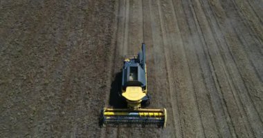 Hasat makinesini birleştirin, tarlada hasat yapın. Hava aracı görünümü