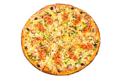 Güzel pizza, üzerinde beyaz izole. Üstten Görünüm