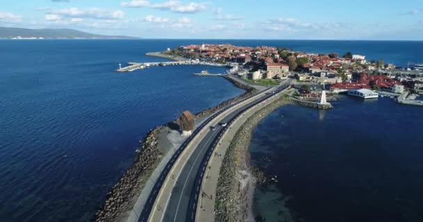 Nagranie Lotnicze Nessebaru Starożytnego Miasta Wybrzeżu Morza Czarnego Bułgarii — Wideo stockowe