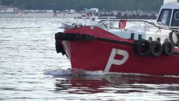 Close Pilot Boat Harbor Going Meet Cargo Ship Slow Motion — Stock Video