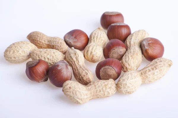 Hazelnuts and peanuts on white background — Stock Photo, Image