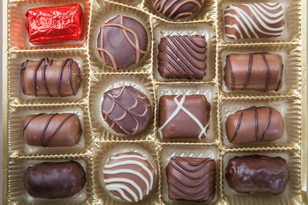 Box of various chocolate candies — Stock Photo, Image