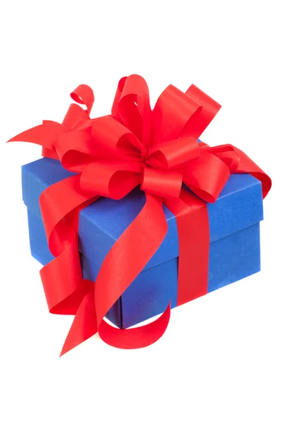 Blue gift box with red ribbon and bow isolated on white — Stock Photo, Image