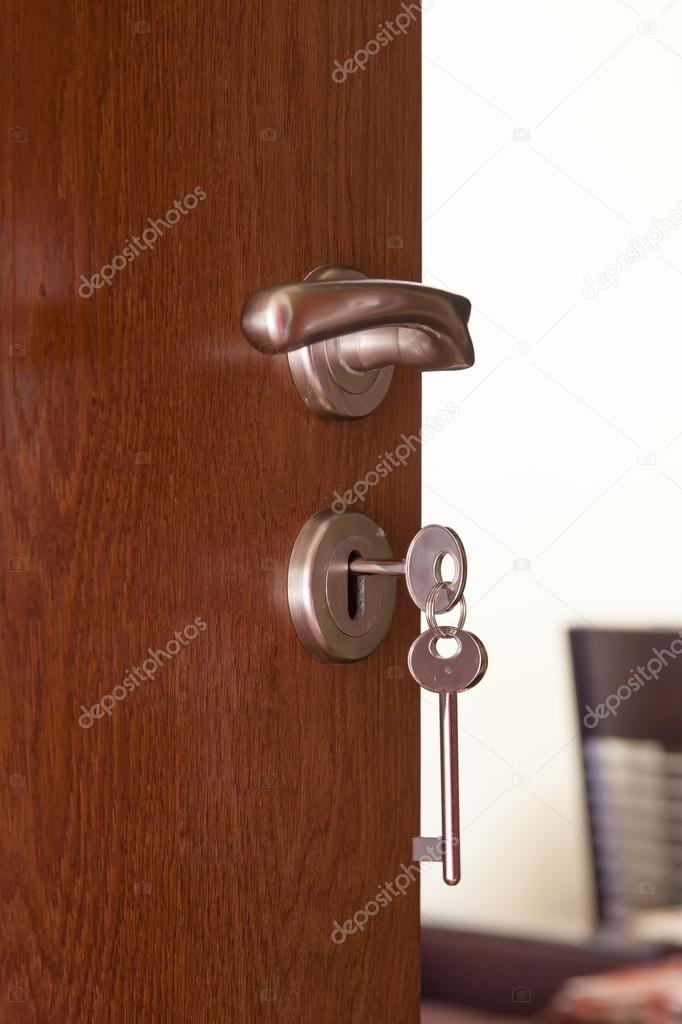 door handle with inserted key in the keyhole 