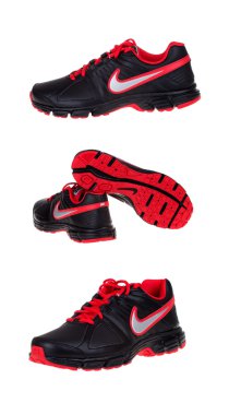 Varna, Bulgaristan - 1 Ekim 2014: Nike Downshifter 5 Lea ayakkabı 3 farklı görünümünde. Beyaz izole. Ürün görüntüleri
