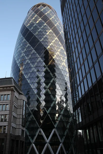 LONDON - JANUARY 31 - 2011: The famous London Gherkin tower- january 31, 2011 in London. the tower is 180 metres tall, and stands on the former site of the Baltic Exchange building — Stock Photo, Image
