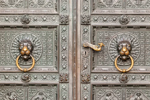 Decorative metal gate ornament. Antique iron door with classic ornaments. lion heads, Door knocker — Stock Photo, Image