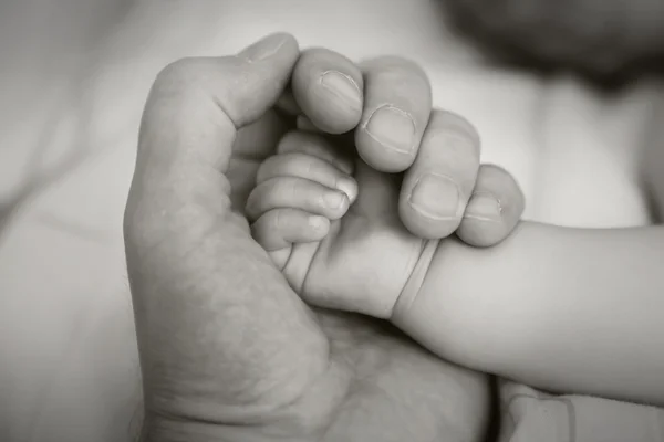 Sosteniendo una mano del recién nacido en blanco y negro — Foto de Stock