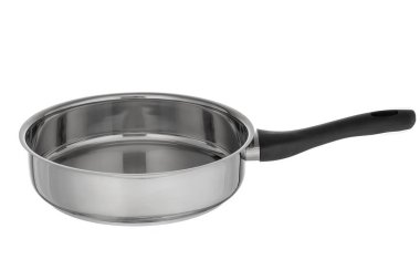 Beyaz Arkaplanda Siyah Saplı Paslanmaz Çelik Tencere. Modern Mutfak Malzemeleri, Ev Yemekleri ve Mutfak Ürünleri Sunumu