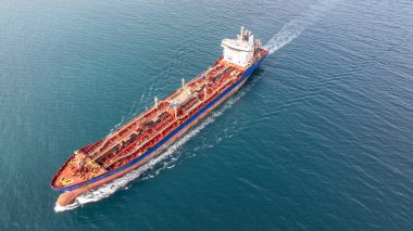 Aerial view of big oil, chemical tanker sails. Tanker ship logistic and transportation business oil and gas industry.