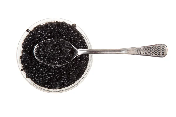 Black caviar and spoon, isolated on white — Stock Photo, Image