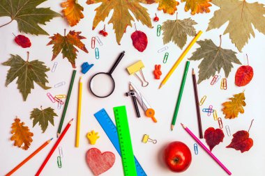 Okula dönmek, arka planda okul malzemeleri, okul geçmişi.