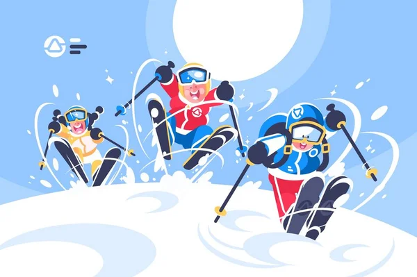 Felici bambini sciare poster piatto — Foto Stock