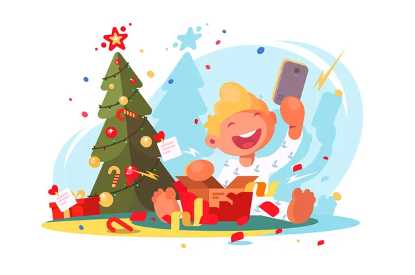 Enfant ouvre cadeau de Noël. — Image vectorielle