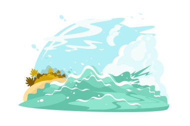 Okyanus kıyısı dalgaları çizimi. Kristal mavi su ve düz kum. Okyanus esintisi. Adada harika bir tatil. Yaz tatili ve rahatlama konsepti. Beyaz arkaplanda izole