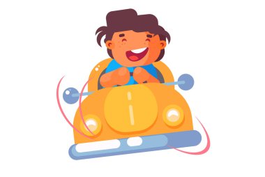 Araba illüstrasyonundaki küçük çocuk. Neşeli, gülümseyen çocuk arabanın düz tasarımıyla gidiyor. Turuncu arabadaki neşeli çocuk. Mutlu çocukluk kavramı