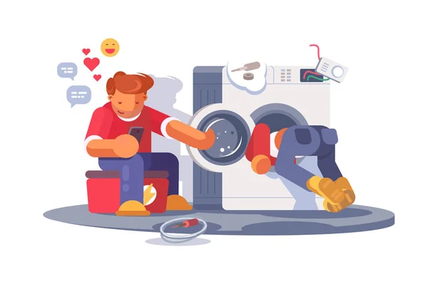 Washing Machine Repair Vector Illustration Repairmen Overhauling Broke Washer Flat — Stock Vector