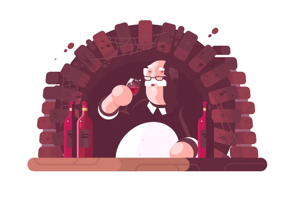 ソムリエがセラーで辛口の赤ワインを試飲 白に隔離されたベクトル図フラット — ストックベクタ