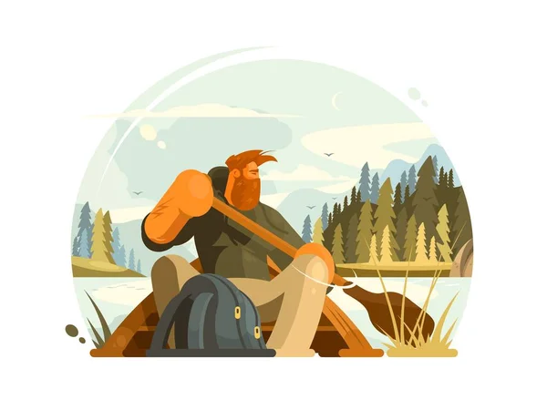 Homem Barbudo Canoa Barqueiro Com Barco Remos Lago Ilustração Vetorial — Vetor de Stock