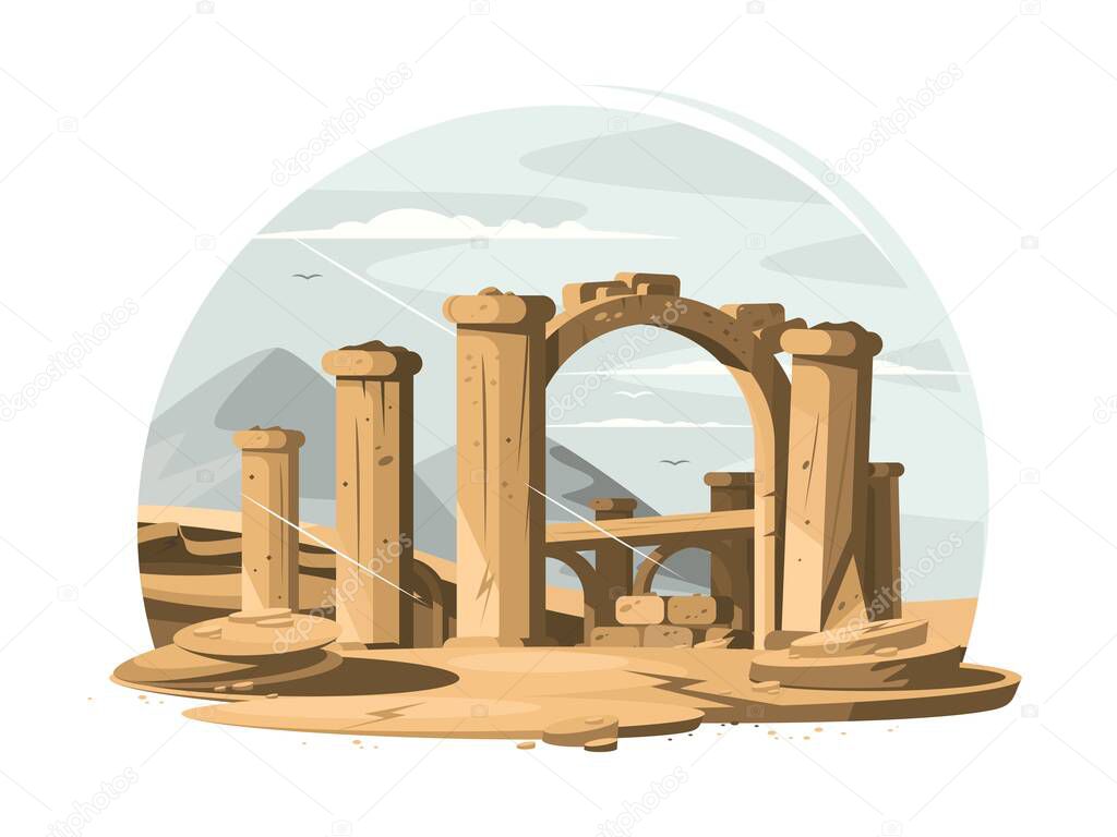 Architectural ruins of old stone columns and arch. Vector illustration