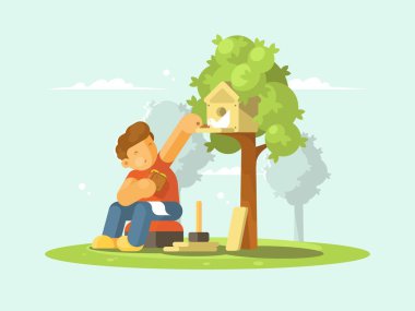 Kuş yuvasında kuş besleyen çocuk