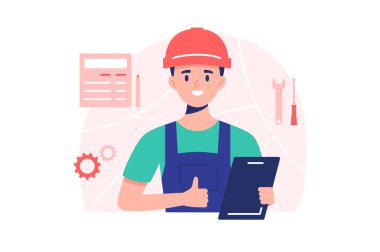 Üniformalı vektör çizimi yapan erkek işçi. Koruyucu miğfer takan adam düz stil. Elinde not panosu olan ve baş parmağını gösteren biri. İnşaat alanı ve onarım servisi konsepti. Beyazda izole edilmiş