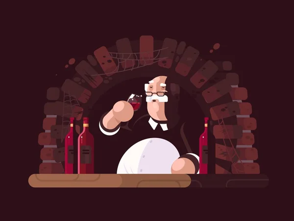 ソムリエがセラーで辛口の赤ワインを試飲 イラストレーションフラット — ストック写真