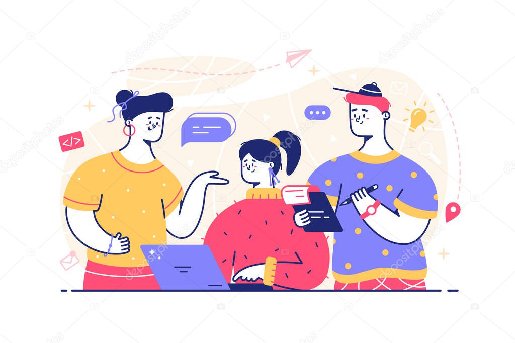 People working on project vector illustration. Team discussing idea, developing startup and make corrections flat style. Creative work process concept. Isolated on white background