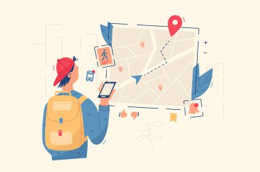 Adam navigasyon haritası vektör çizimine bak. GPS iğneli şehir haritası, navigasyon için yön işaretleri düz stil. GPS yön bulucu ve online konum sistemi konsepti. Beyaz arkaplanda izole