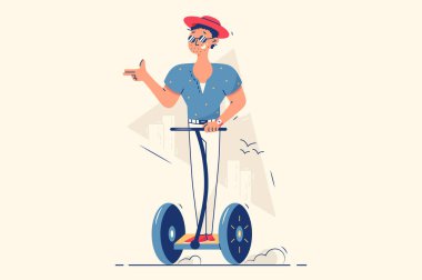Sokak vektörü illüstrasyonunda segway süren mutlu adam. Boş zamanlarında düz stil eğlenceli. Elektronik araçlar ve turistik eğlence konsepti kullanan yaz sporları. Bej arkaplanda izole edilmiş