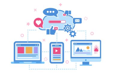 Aygıt senkronizasyonu. Bulut depolama veri konsepti. Akıllı telefon, dizüstü bilgisayar ve bilgisayar ağı sunucu bağlantısı. Düz. İzole edilmiş. Vektör illüstrasyonu.