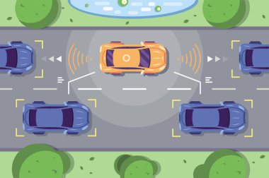 Autonomous car driving on road with sensing systems. Smart vehicle scans way observe distance and parking driverless flat style vector illustration. Future concept clipart