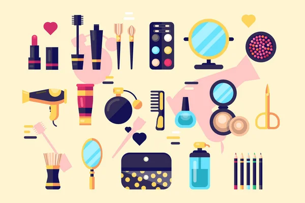 Set of cosmetics beauty and makeup icons. Professional fashion products and accessories collection. Flat. Vector illustration.