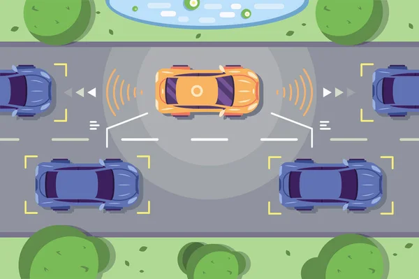 Autonominen Auto Ajo Tiellä Tunnistusjärjestelmät Smart Ajoneuvon Skannaa Tapa Tarkkailla — vektorikuva