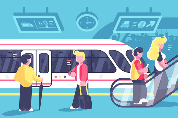 Subway interior with people train and escalator. Station with metro train underground platform and moving staircase flat style concept vector illustration. Tube railway transport