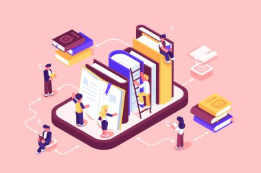 Çevrimiçi kütüphane ortamı ve kitap vektör illüstrasyonu. Çizgi filmciler e-kitap arıyor ve okuyor. Erkekler ve kızlar, düz stil konseptinde e-kütüphane üzerine çalışmak için kitap kullanıyorlar. Pembe üzerine izole edilmiş.