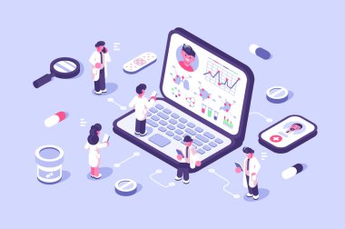 Çevrimiçi teşhisin sağlık ve yenilikçi teknolojisi. Çizgi film doktorları hastaları muayene etmek için tıbbi muayeneler ve online konsültasyon için düz tasarım uygulamaları kullanırlar. Tıbbi sağlık hizmeti kavramı