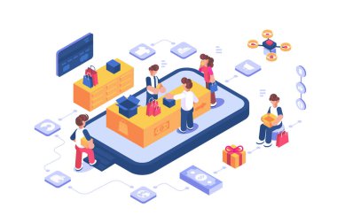 İnternet uygulaması vektör illüstrasyonu üzerinden online alışveriş mağazası. Çizgi filmciler, cep telefonu hizmetleri ve uygulamalar vasıtasıyla mal satın alıyorlar. Mobil pazarlama ve online alışveriş
